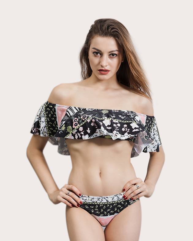 One-shoulder floral strapless two-piece bikini
