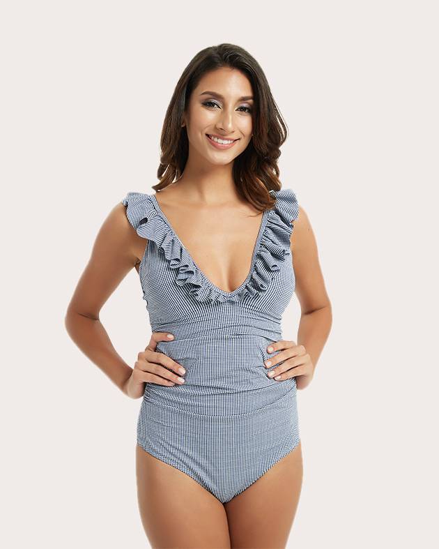 Blue and white stripe ruffled one-piece swimsuit