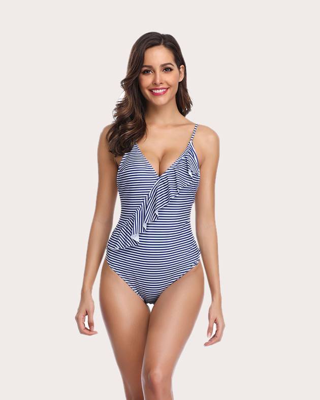 The trendy blue and white stripe V-neck one-piece swimwear