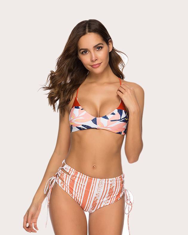 Beautiful Floral print and the caramel print stripe high-waist bikini
